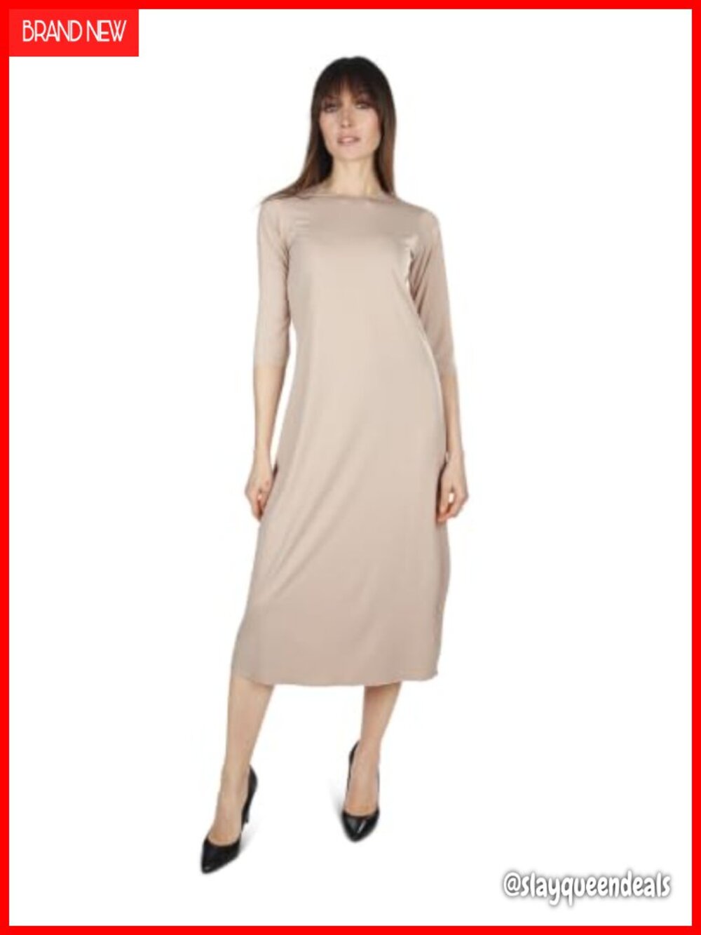 Long Sleeve Midi Slip Dress with 3/4 Sleeves, A-Line, Crewneck